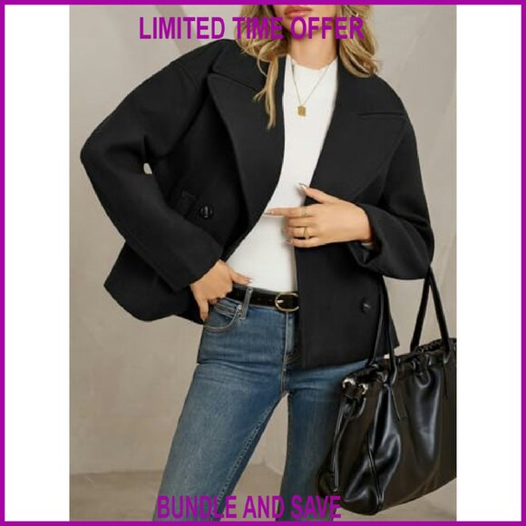 Cropped Wool Blend Pea Coat Double Breasted Notched Lapel Overcoat - Picture 7 of 8